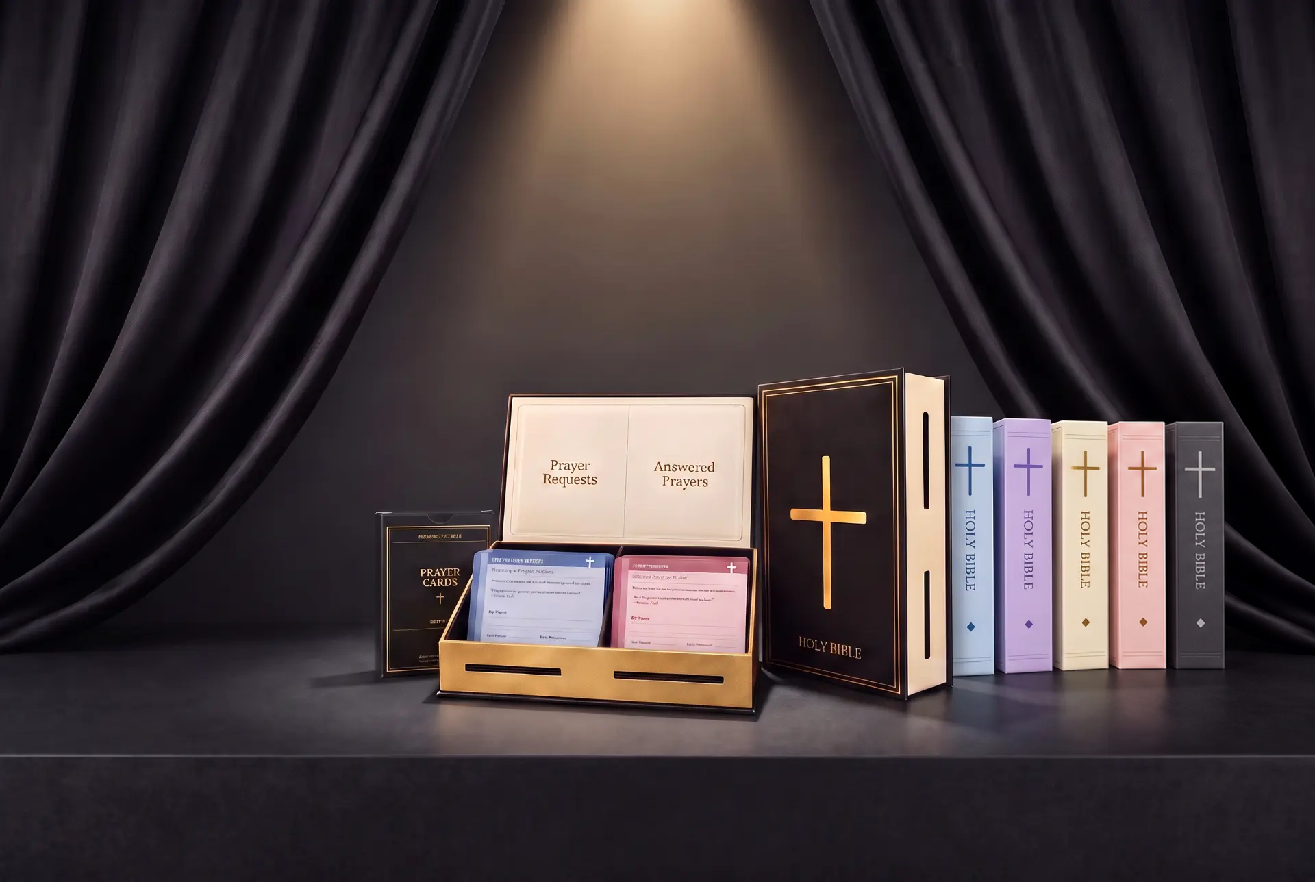 Open Blessings Counted Prayer Bible Box with the 60-card prayer card set beside the closed black Bible box and the five colorways lined up behind it