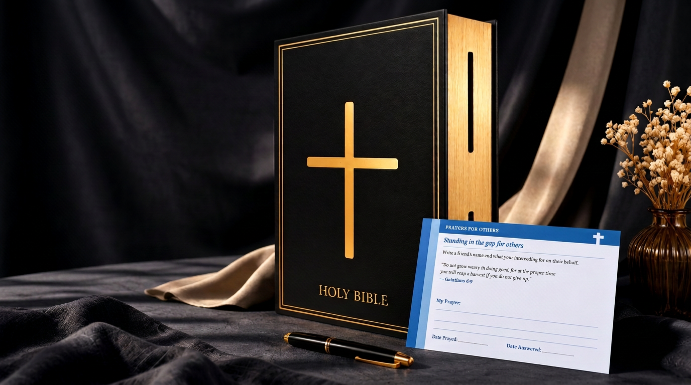 Black Prayer Box Bible with gold cross, a prayer card and pen on dark silk